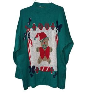 Vintage 80’s Ugly Christmas Sweater Green Teddy Bear Santa Retro Granny Core XL